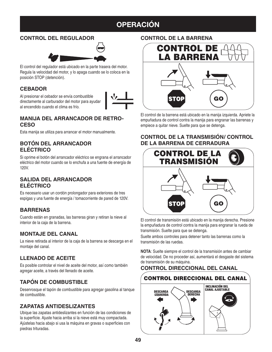 Control de la barrena, Control de la transmisión, Operación | Craftsman 247.88955 User Manual | Page 49 / 68