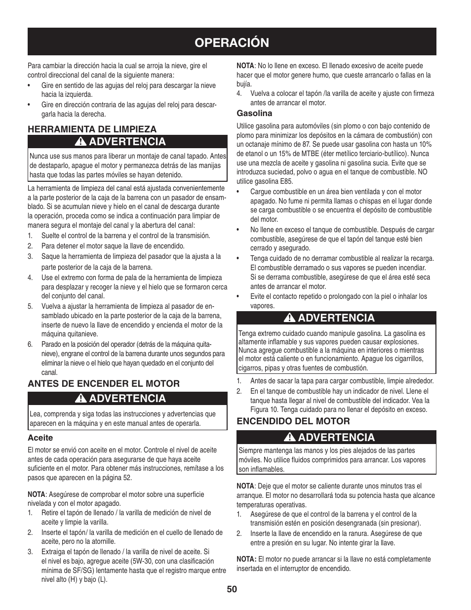 Operación, Advertencia | Craftsman 247.88955 User Manual | Page 50 / 68