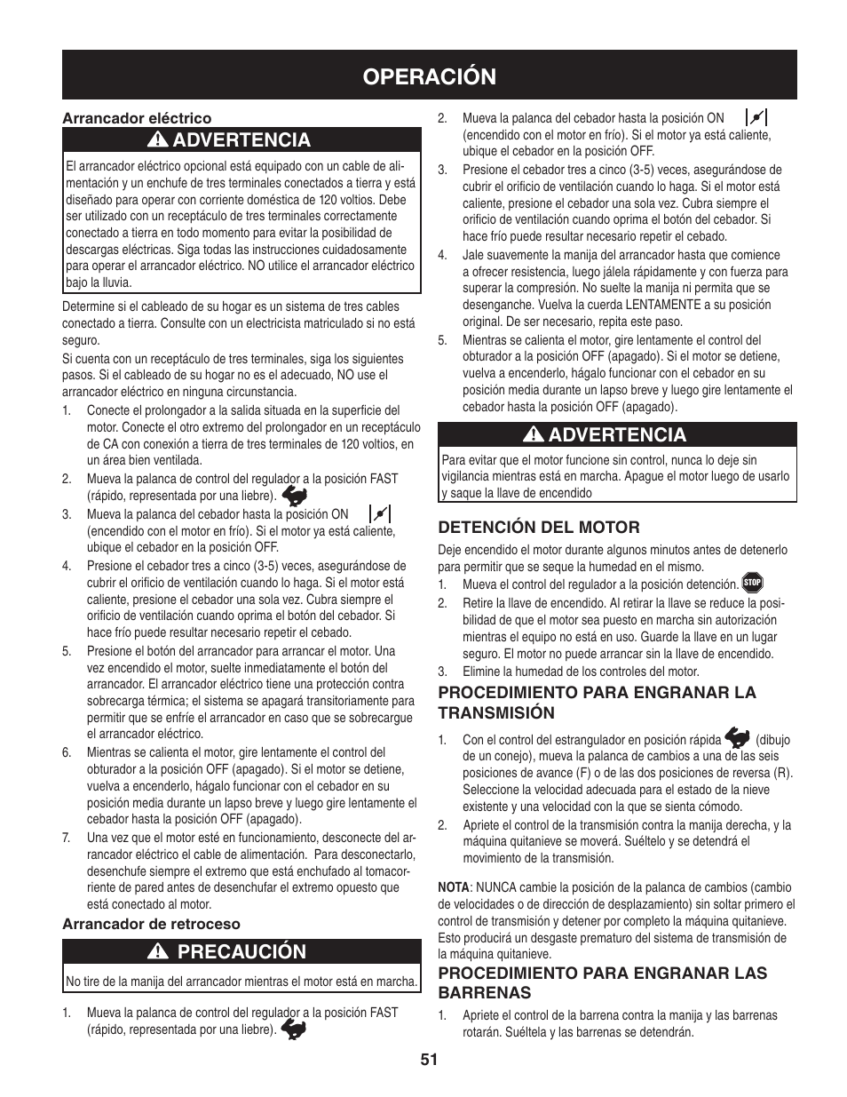 Operación, Precaución, Advertencia | Craftsman 247.88955 User Manual | Page 51 / 68