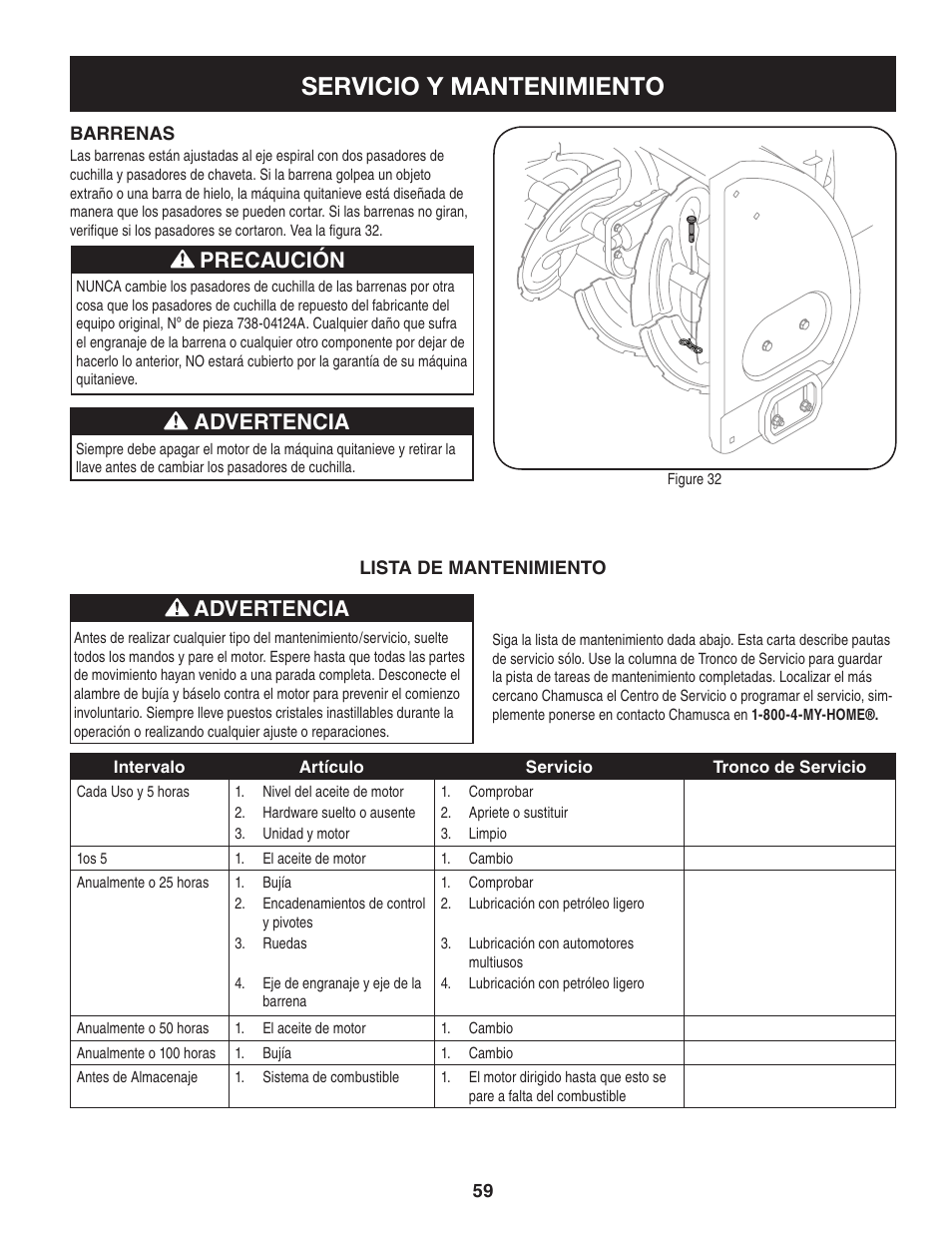 Servicio y mantenimiento, Advertencia, Precaución advertencia | Craftsman 247.88955 User Manual | Page 59 / 68