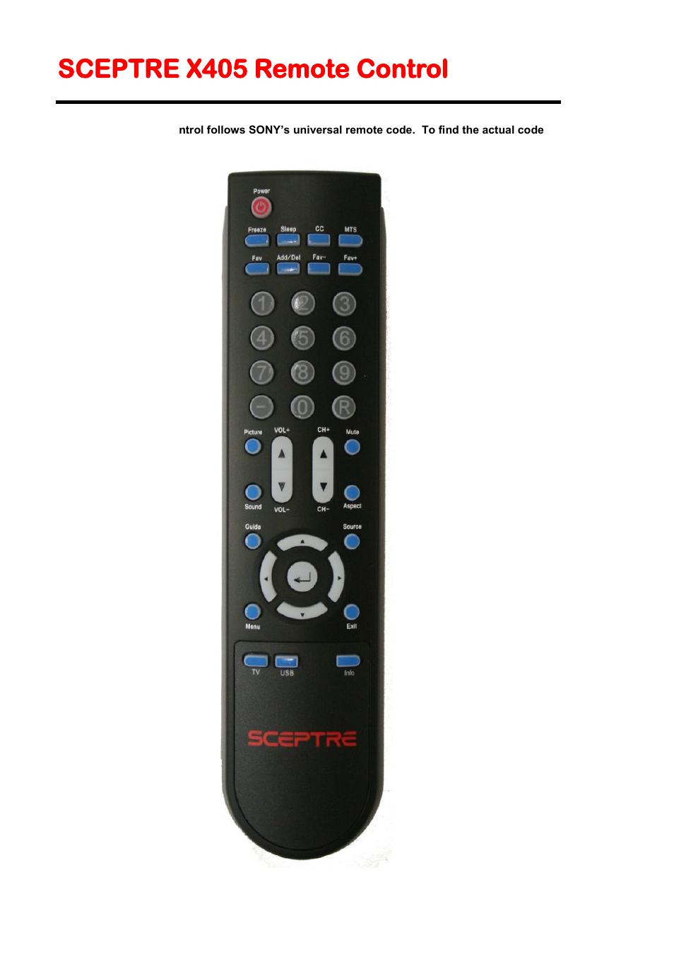 Sceptre x405 remote control | Sceptre X405BV-FHD User Manual | Page 14 / 54