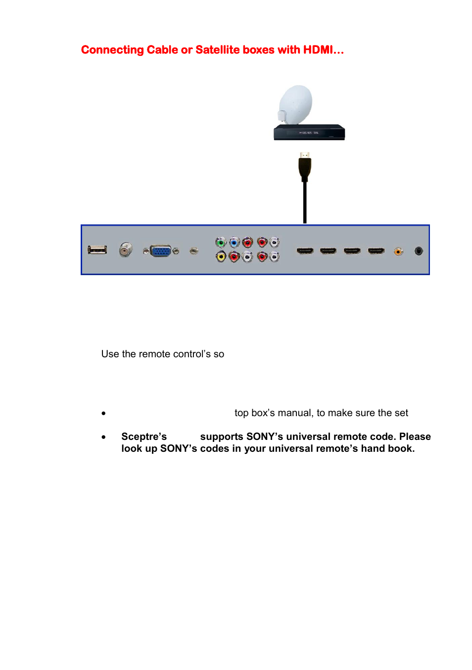 Connecting cable or satellite boxes with hdmi | Sceptre X405BV-FHD User Manual | Page 19 / 54