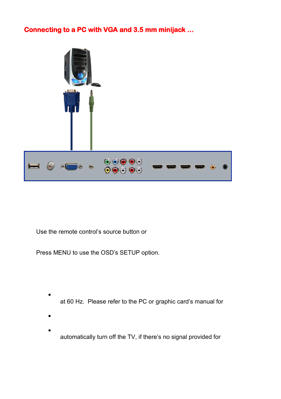 Connecting to a pc with vga and 3.5 mm minijack | Sceptre X405BV-FHD User Manual | Page 20 / 54