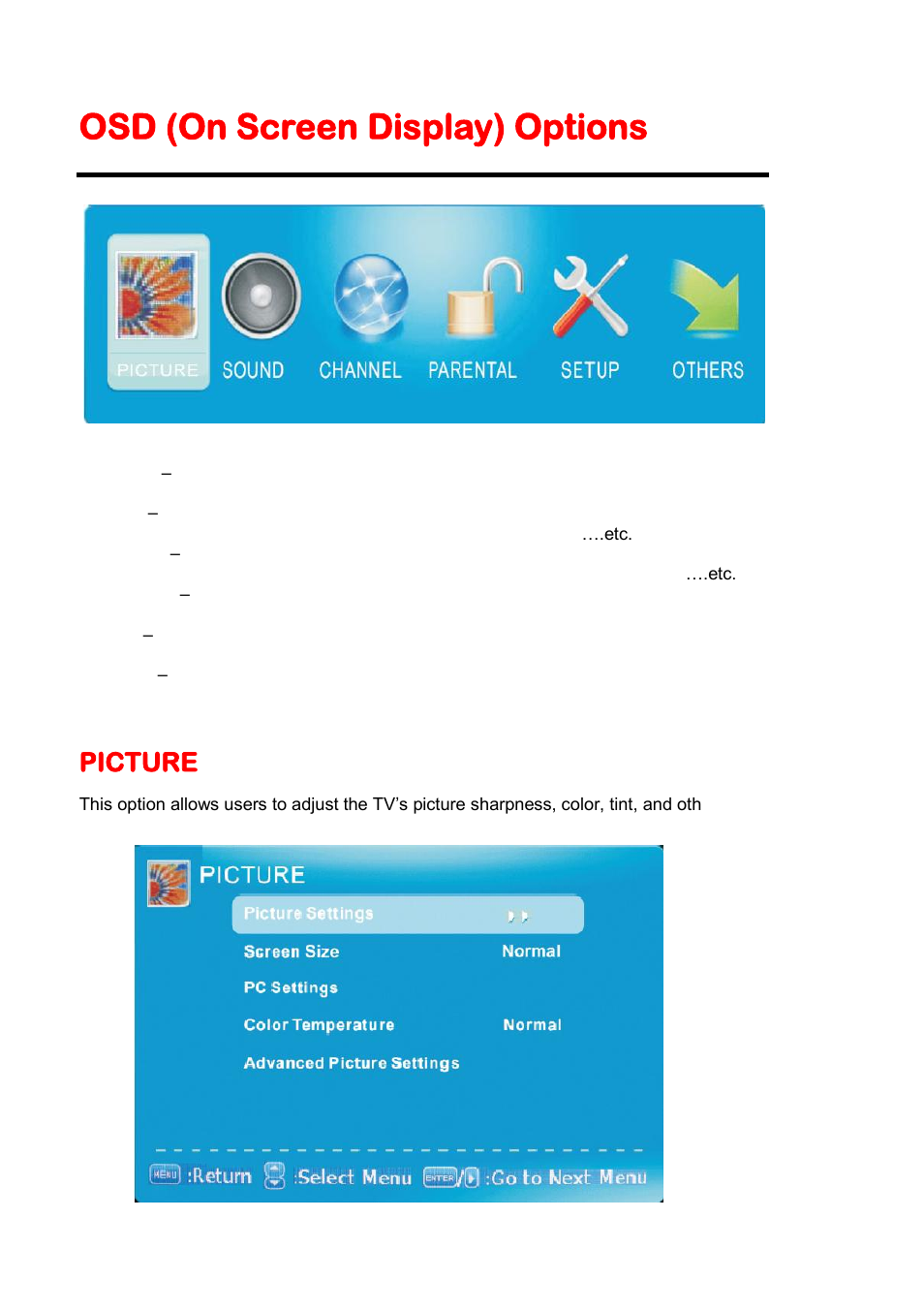 Osd (on screen display) options, Picture | Sceptre X405BV-FHD User Manual | Page 26 / 54