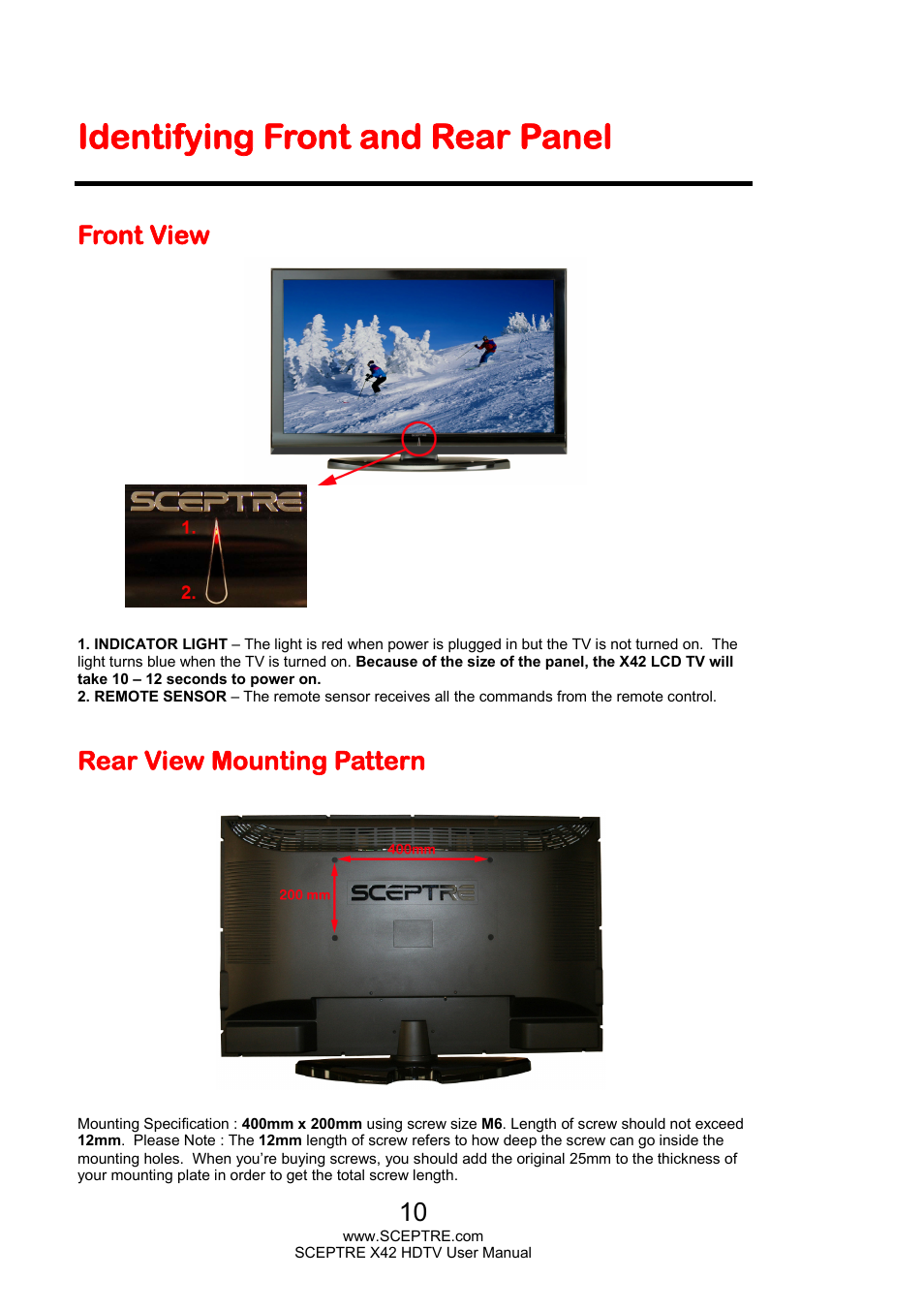 Identifying front and rear panel, Front view, Rear view mounting pattern | Sceptre X420EV-F120 User Manual | Page 10 / 52