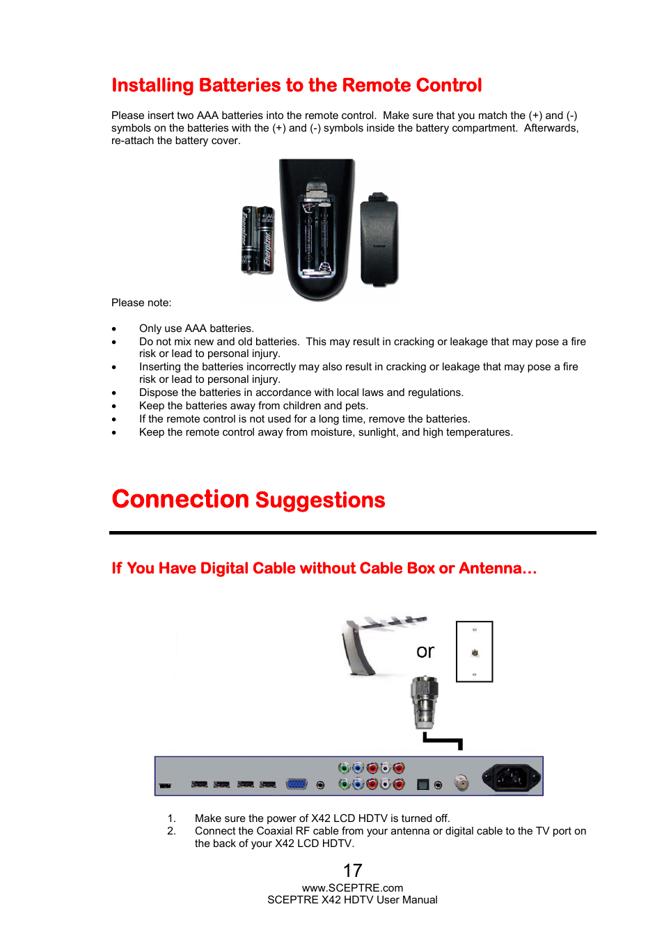 Connection, Suggestions, Installing batteries to the remote control | Sceptre X420EV-F120 User Manual | Page 17 / 52