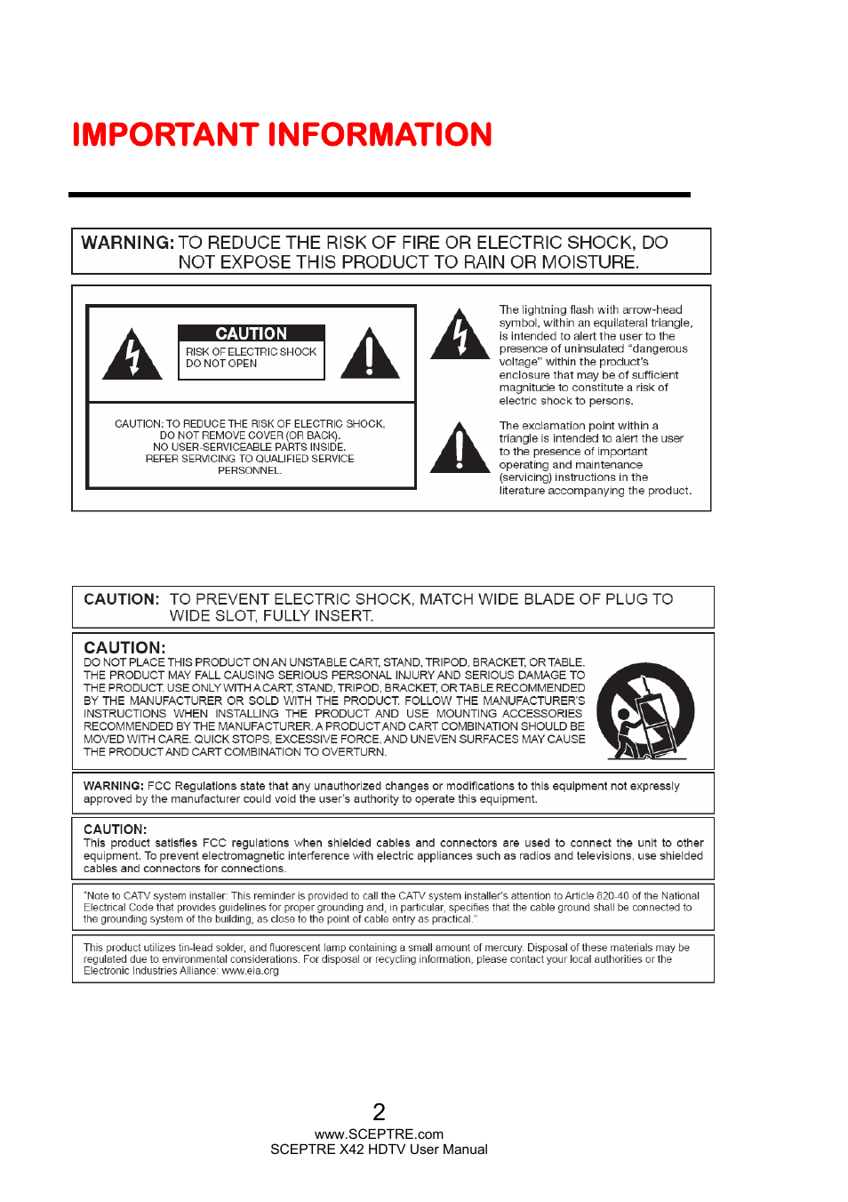 Important information | Sceptre X420EV-F120 User Manual | Page 2 / 52