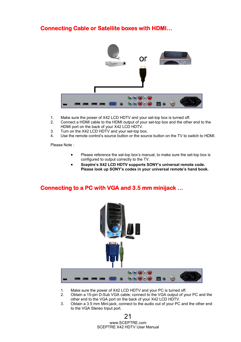 Connecting cable or satellite boxes with hdmi, Connecting to a pc with vga and 3.5 mm minijack | Sceptre X420EV-F120 User Manual | Page 21 / 52