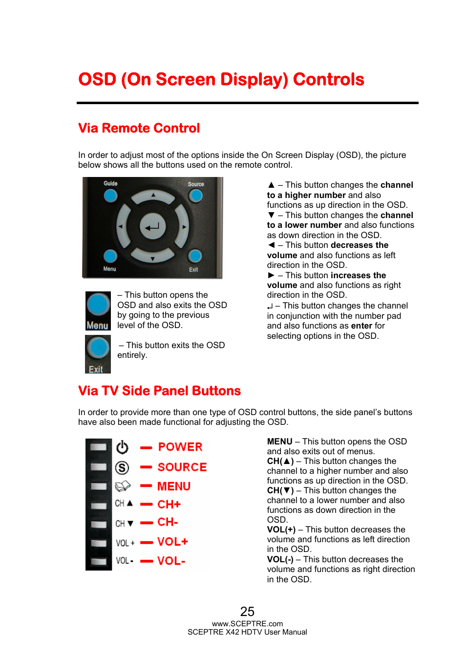 Osd (on screen display) controls, Via remote control, Via tv side panel buttons | Sceptre X420EV-F120 User Manual | Page 25 / 52
