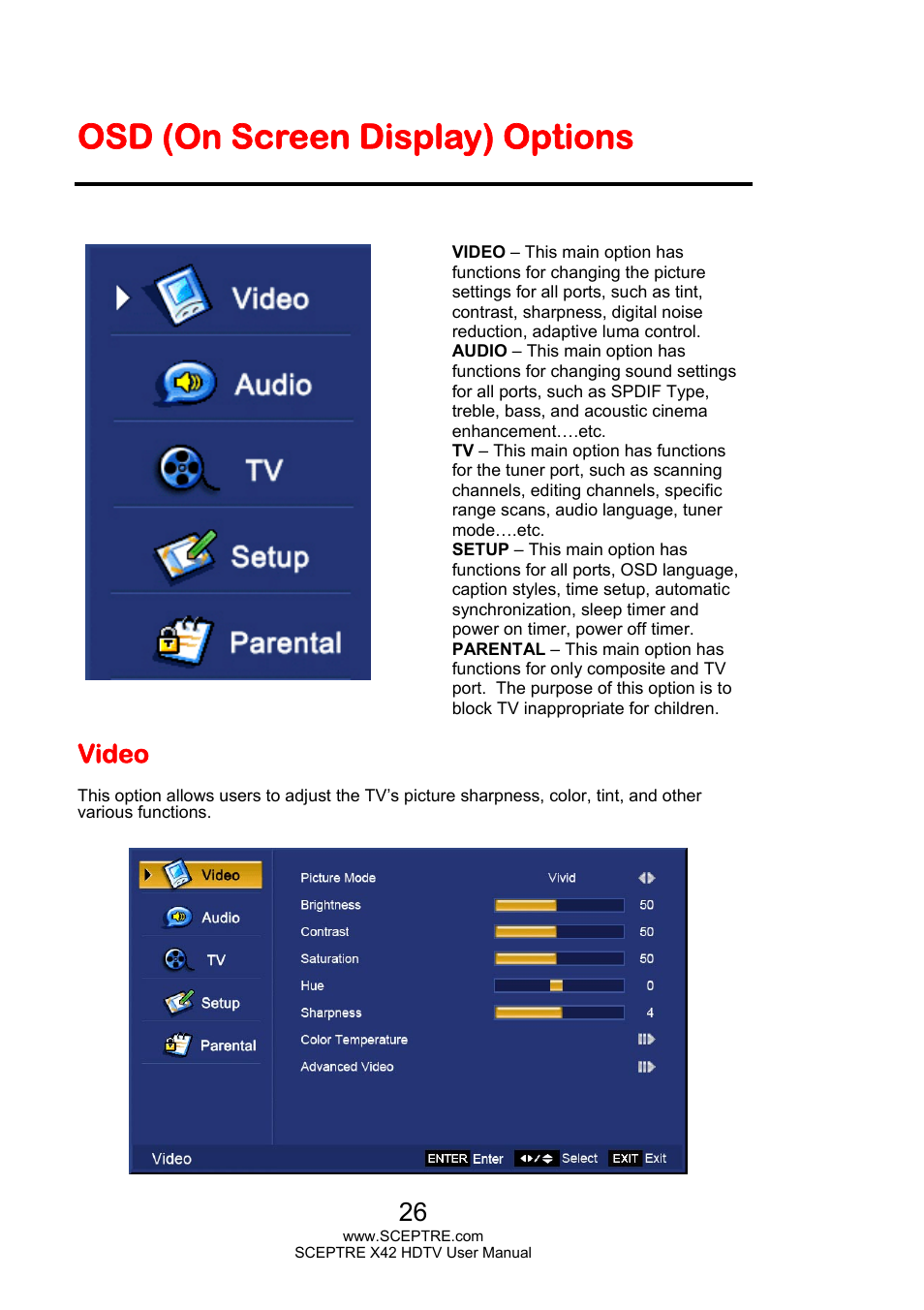 Osd (on screen display) options, Video | Sceptre X420EV-F120 User Manual | Page 26 / 52