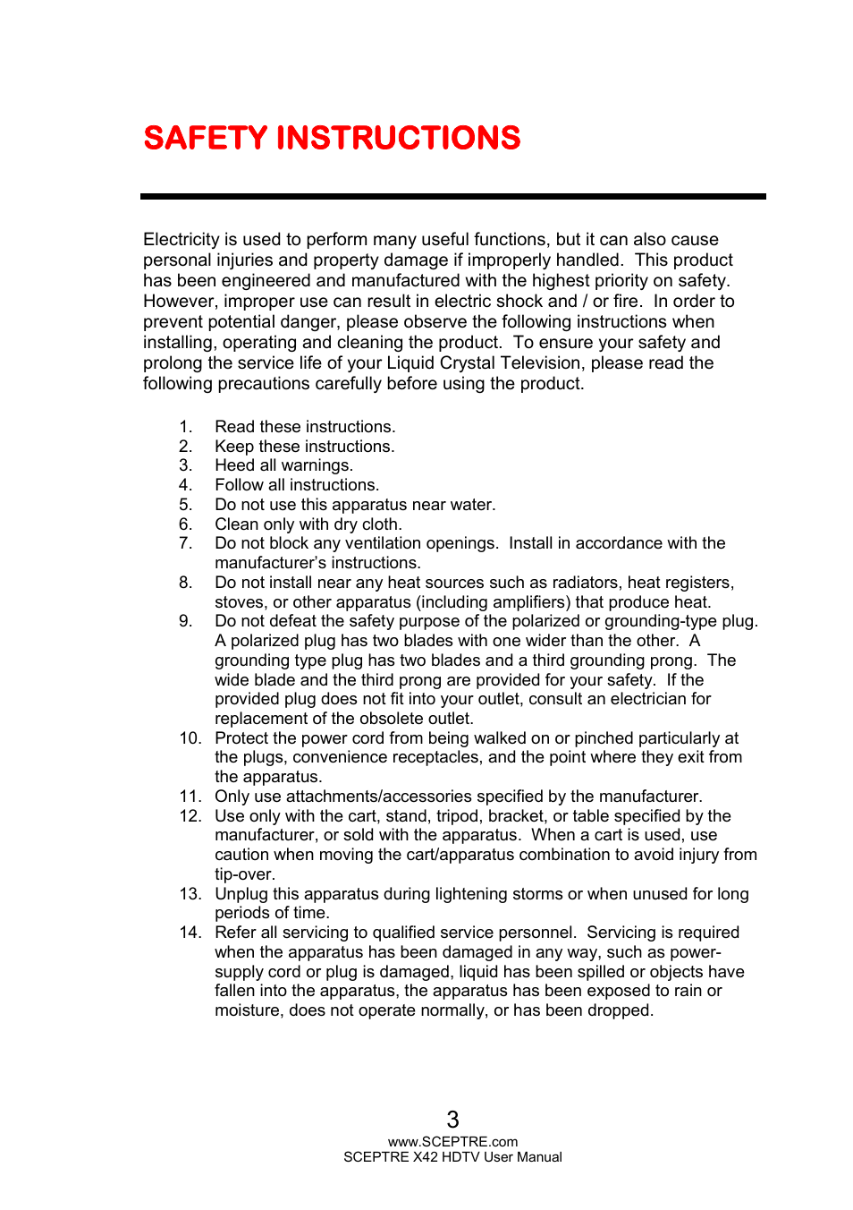 Safety instructions | Sceptre X420EV-F120 User Manual | Page 3 / 52