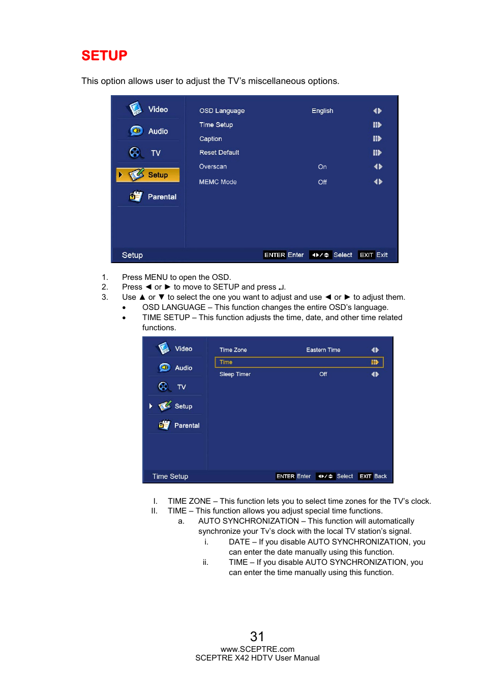 Setup | Sceptre X420EV-F120 User Manual | Page 31 / 52