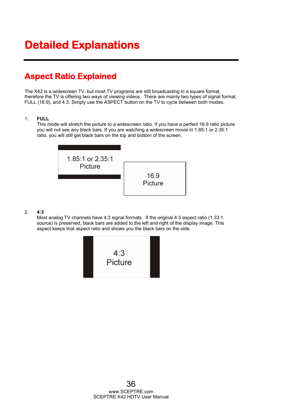 Detailed explanations, Aspect ratio explained | Sceptre X420EV-F120 User Manual | Page 36 / 52