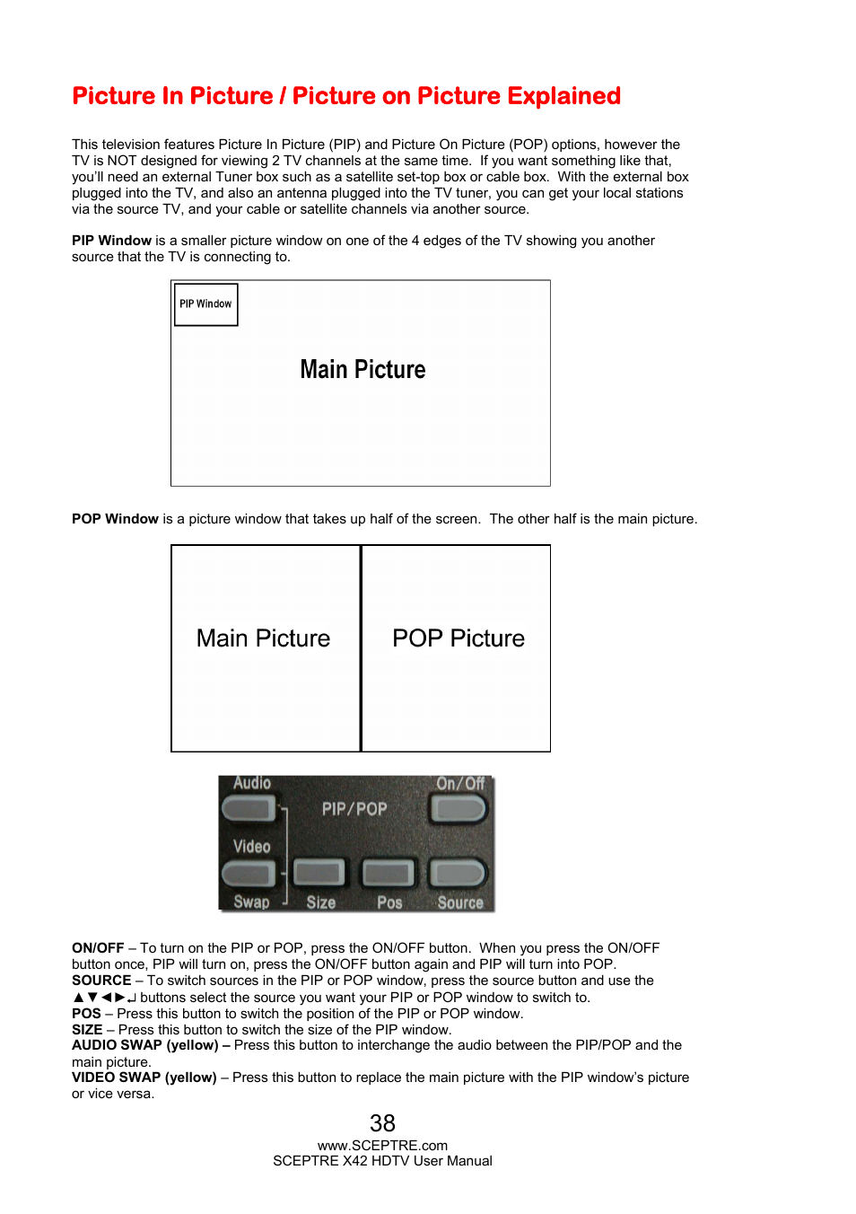 Picture in picture / picture on picture explained | Sceptre X420EV-F120 User Manual | Page 38 / 52