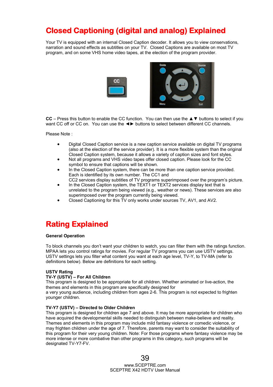 Closed captioning (digital and analog) explained, Rating explained | Sceptre X420EV-F120 User Manual | Page 39 / 52