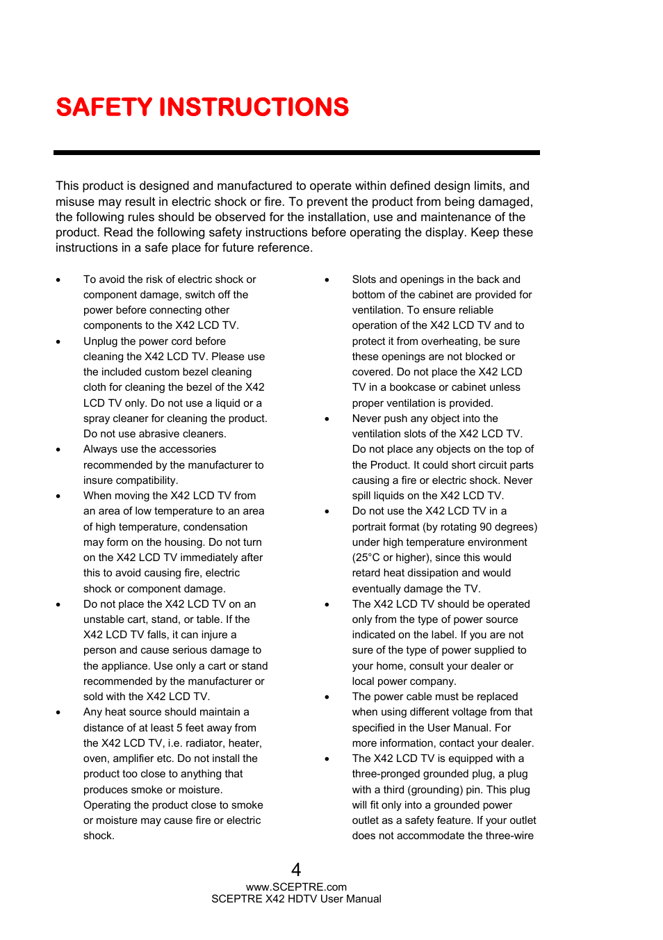 Safety instructions | Sceptre X420EV-F120 User Manual | Page 4 / 52
