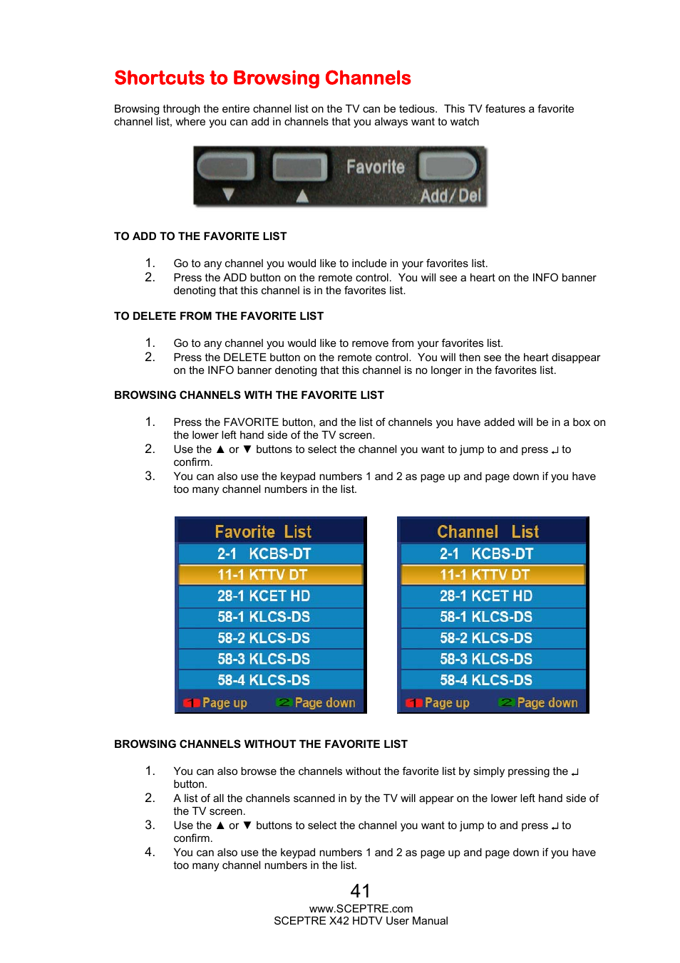 Shortcuts to browsing channels | Sceptre X420EV-F120 User Manual | Page 41 / 52