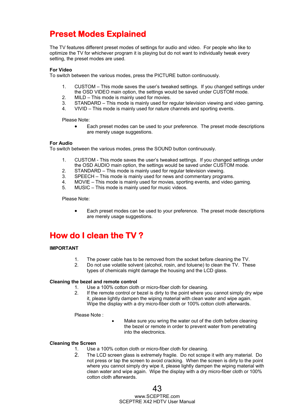 Preset modes explained, How do i clean the tv | Sceptre X420EV-F120 User Manual | Page 43 / 52