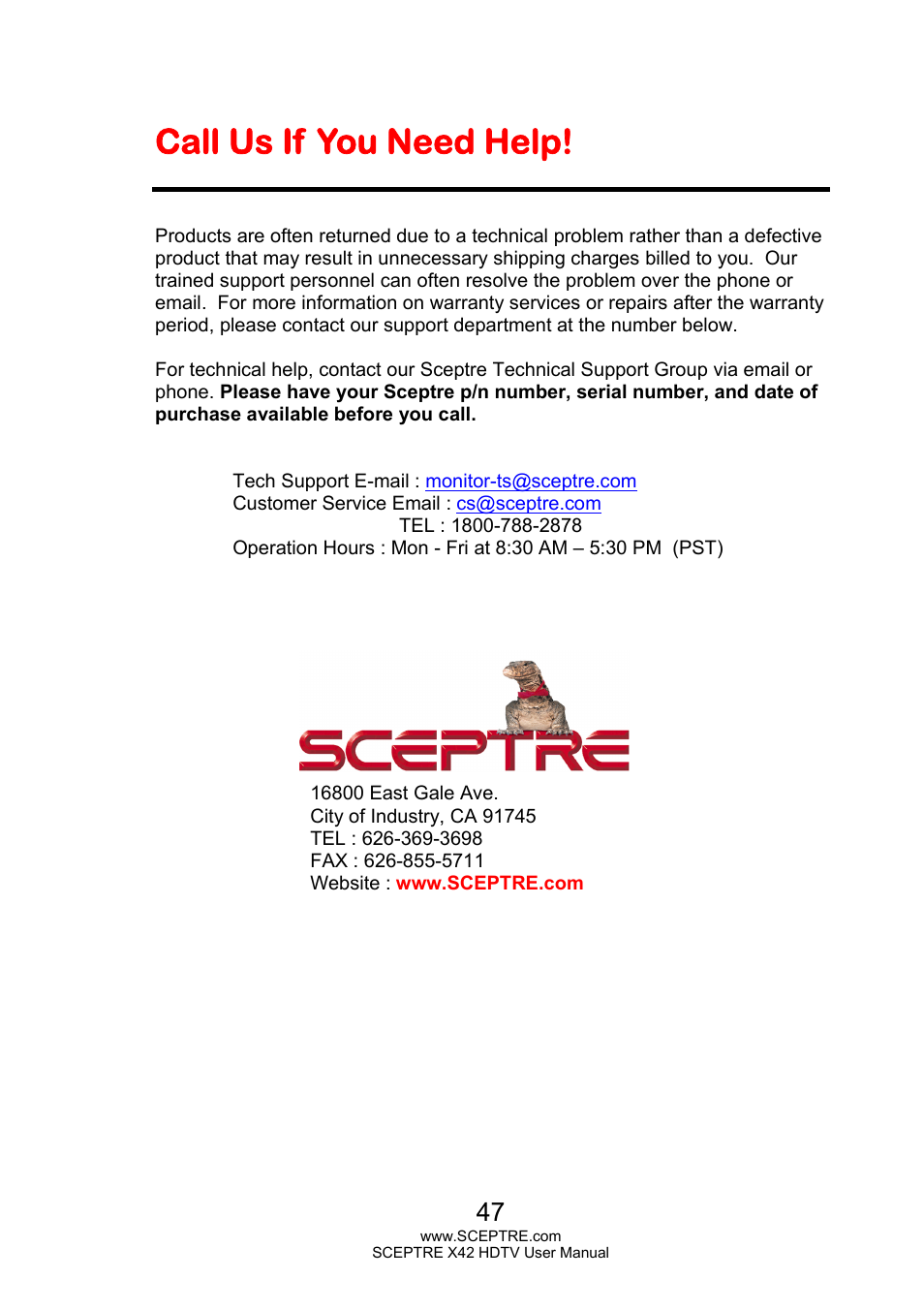 Call us if you need help | Sceptre X420EV-F120 User Manual | Page 47 / 52