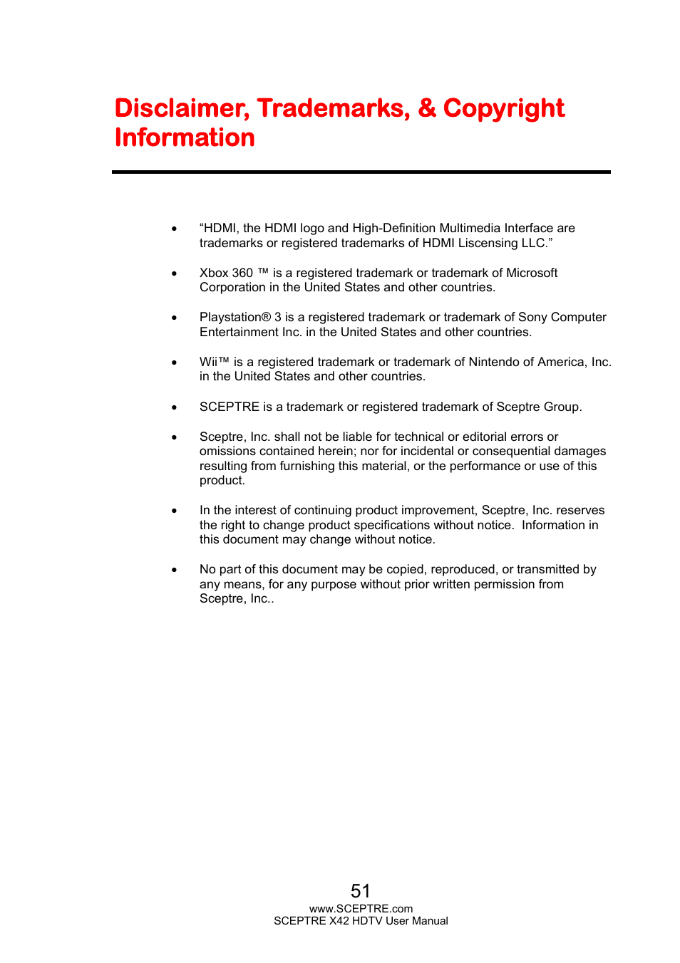 Disclaimer, trademarks, & copyright information | Sceptre X420EV-F120 User Manual | Page 51 / 52