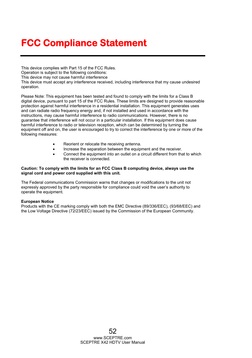Fcc compliance statement | Sceptre X420EV-F120 User Manual | Page 52 / 52