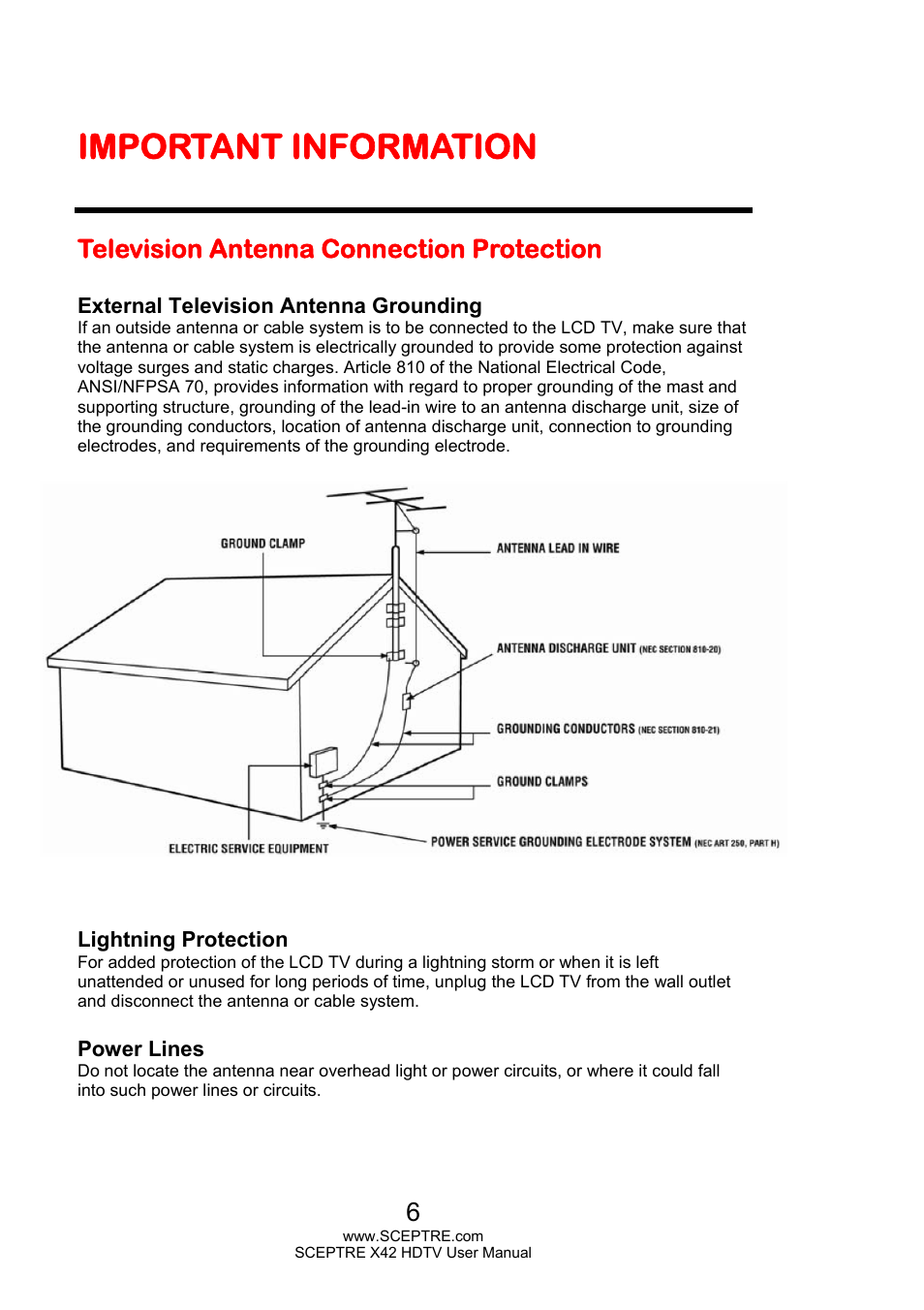 Important information, Television antenna connection protection | Sceptre X420EV-F120 User Manual | Page 6 / 52