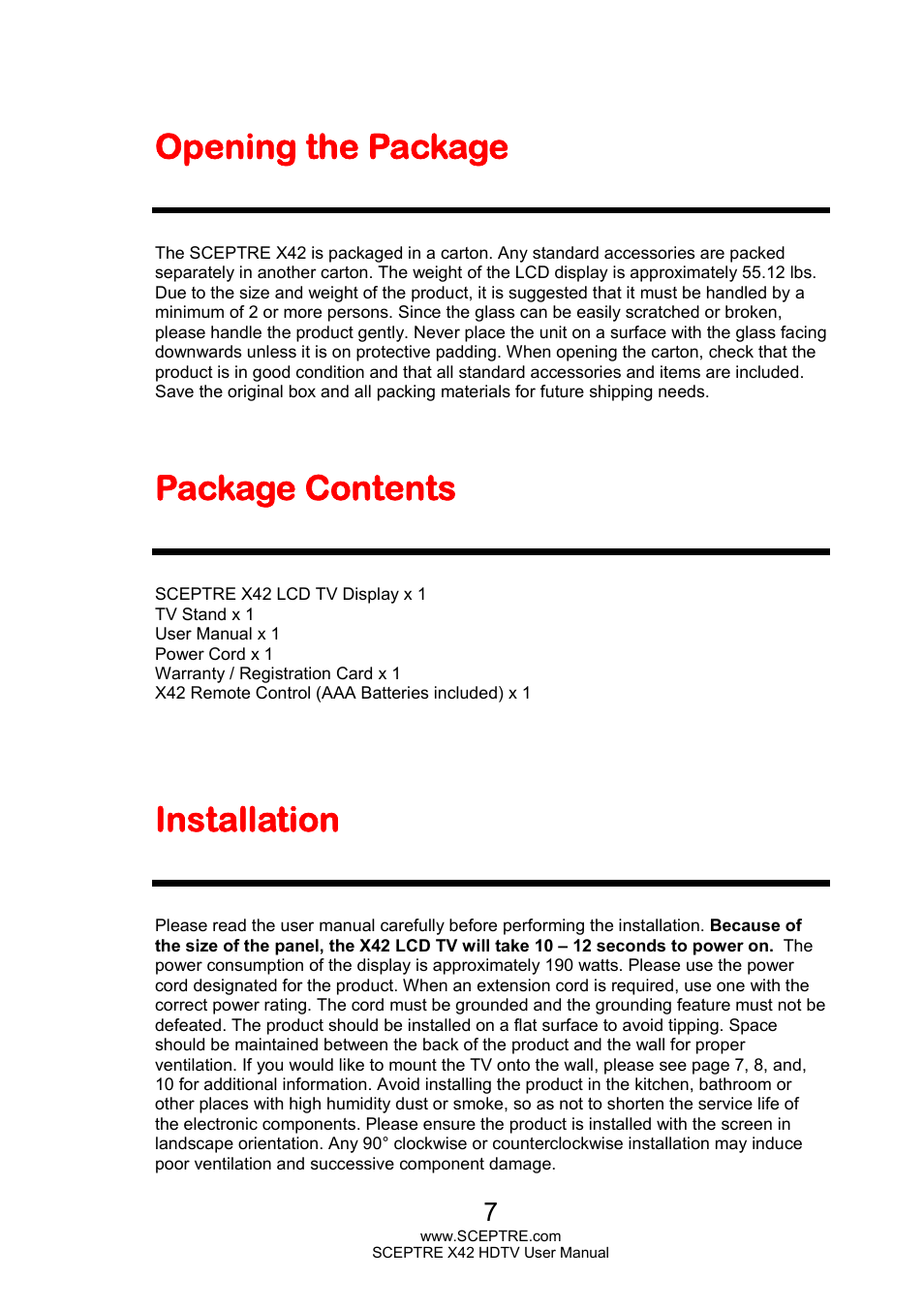 Opening the package, Package contents, Installation | Sceptre X420EV-F120 User Manual | Page 7 / 52