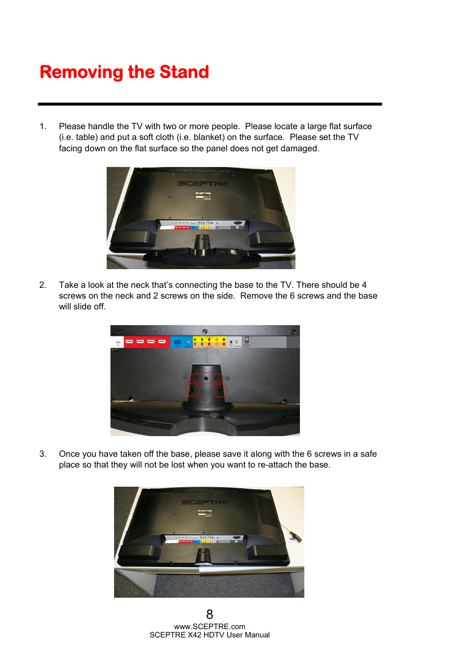 Removing the stand | Sceptre X420EV-F120 User Manual | Page 8 / 52