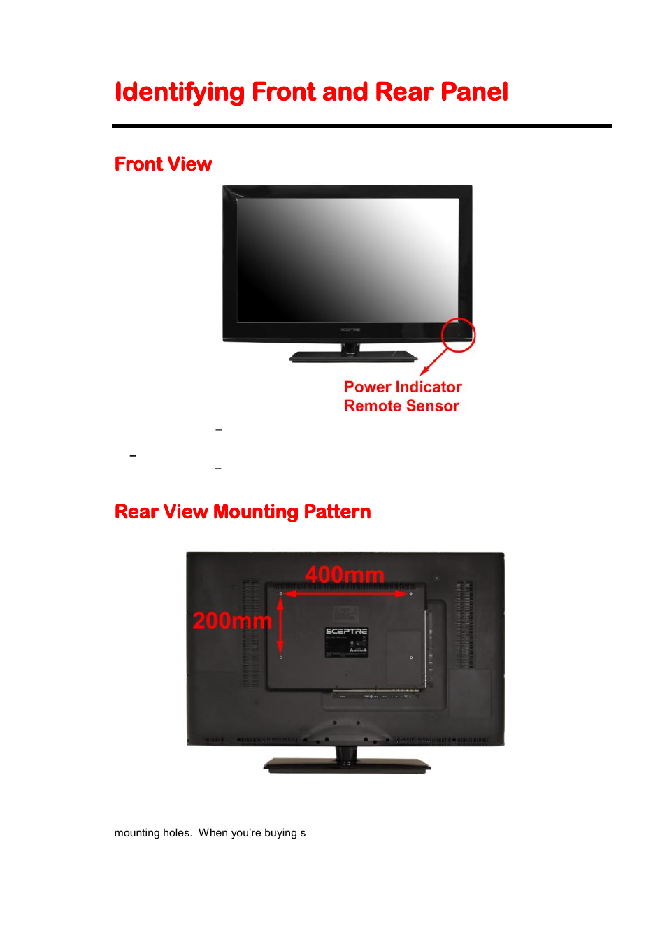 Identifying front and rear panel, Front view, Rear view mounting pattern | Sceptre X425BV-FHD User Manual | Page 11 / 52
