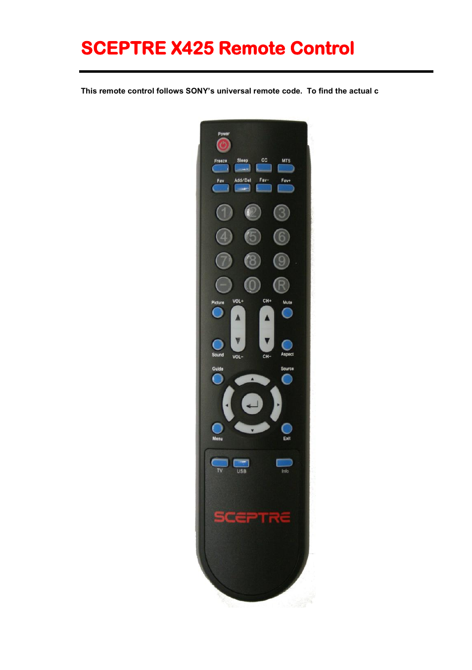 Sceptre x425 remote control | Sceptre X425BV-FHD User Manual | Page 15 / 52