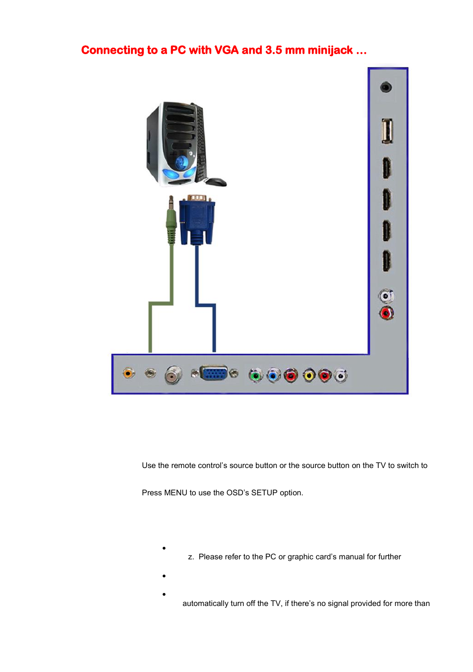 Connecting to a pc with vga and 3.5 mm minijack | Sceptre X425BV-FHD User Manual | Page 21 / 52