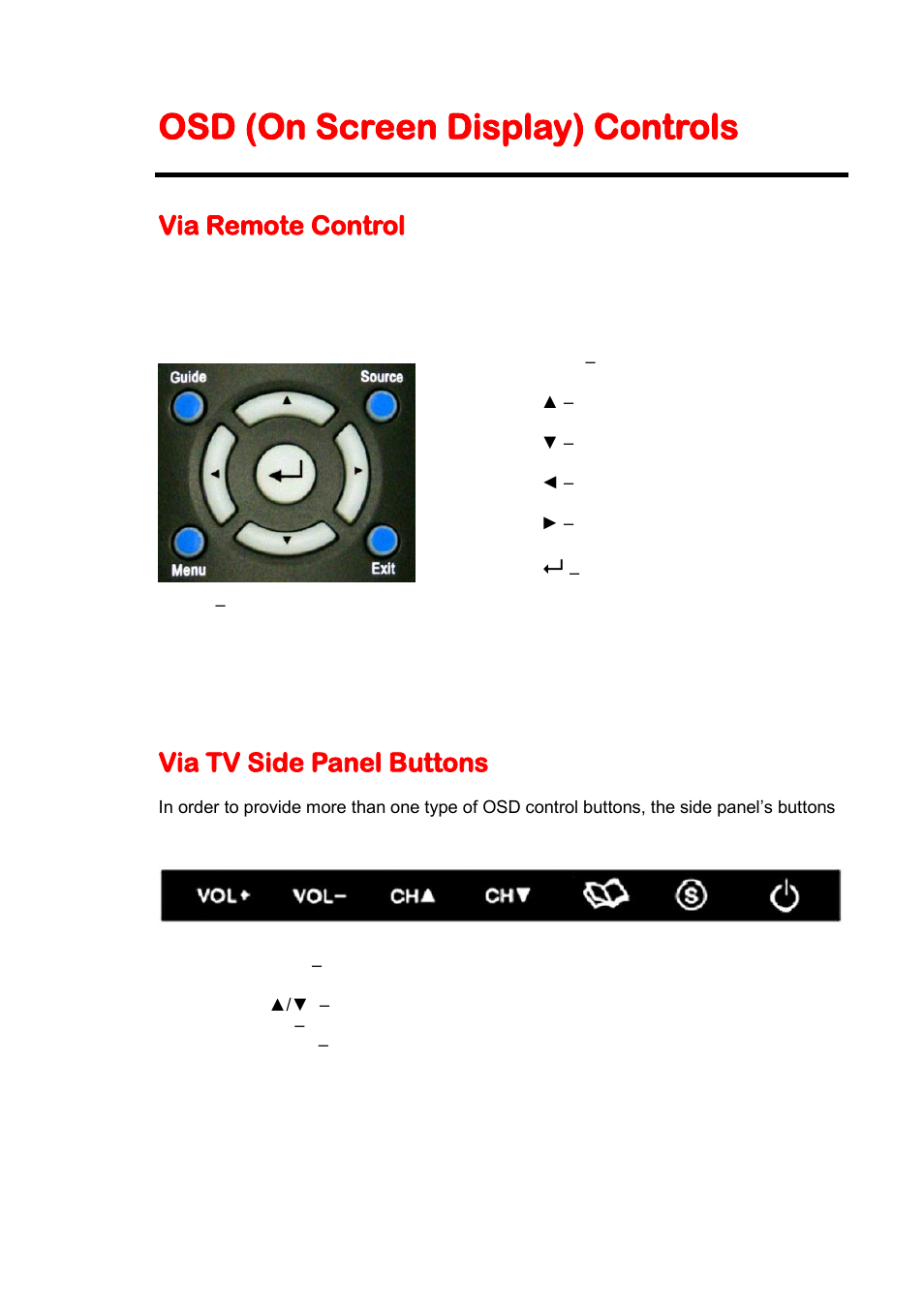 Osd (on screen display) controls, Via remote control, Via tv side panel buttons | Sceptre X425BV-FHD User Manual | Page 25 / 52
