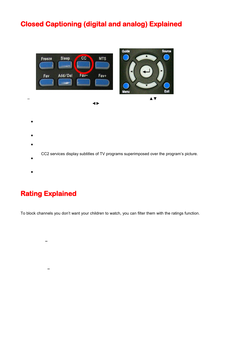 Closed captioning (digital and analog) explained, Rating explained | Sceptre X425BV-FHD User Manual | Page 38 / 52