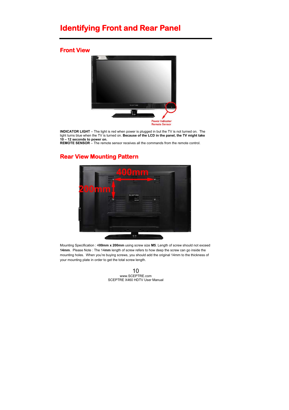 Identifying front and rear panel, Front view, Rear view mounting pattern | Sceptre X460BV-FHD User Manual | Page 10 / 53