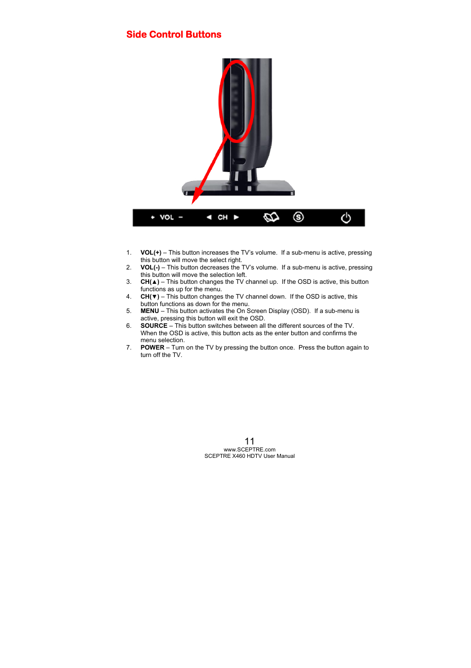 Side control buttons | Sceptre X460BV-FHD User Manual | Page 11 / 53