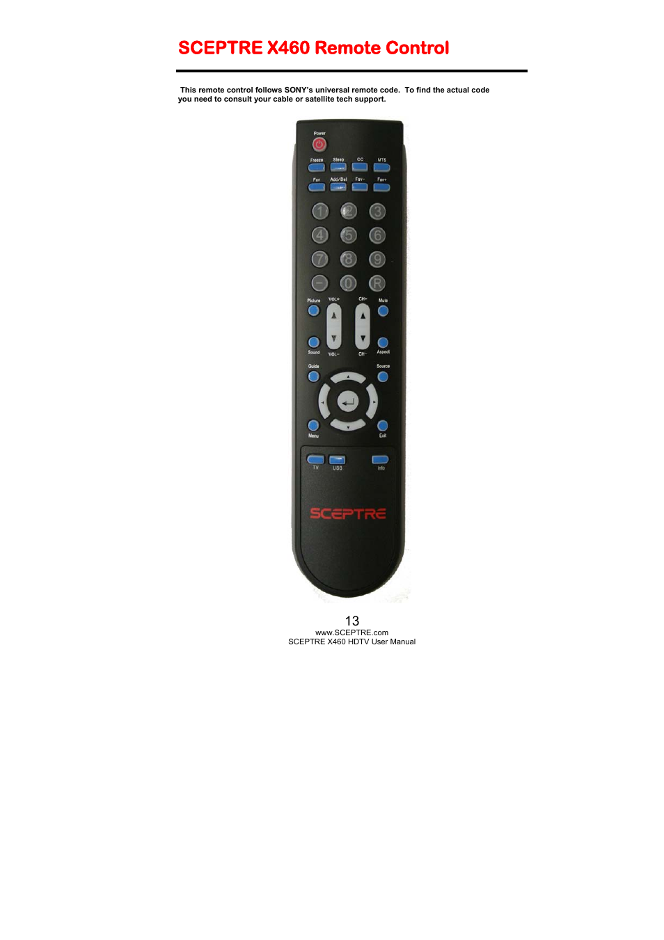 Sceptre x460 remote control | Sceptre X460BV-FHD User Manual | Page 13 / 53