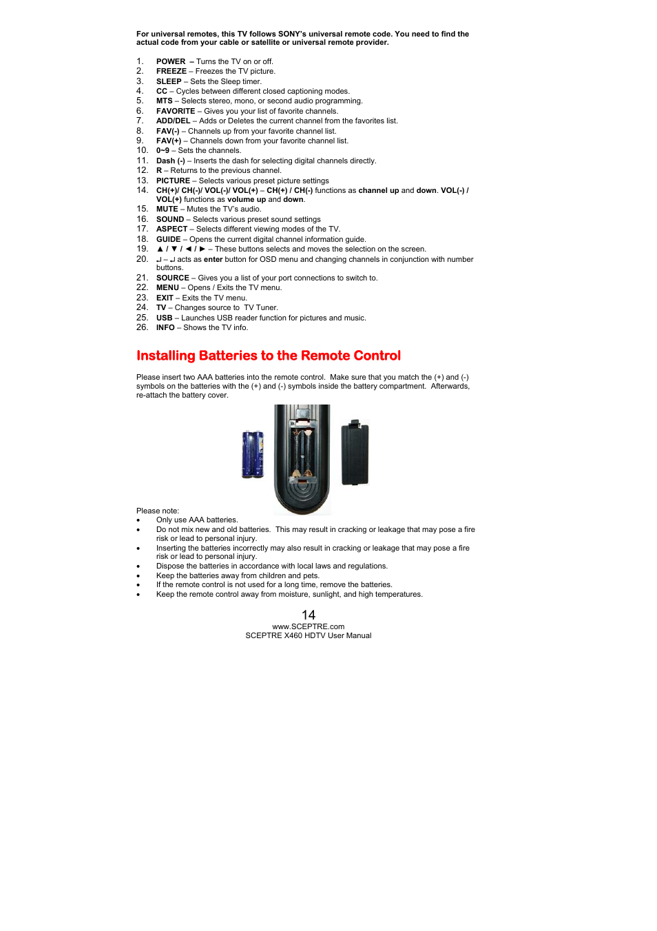 Installing batteries to the remote control | Sceptre X460BV-FHD User Manual | Page 14 / 53