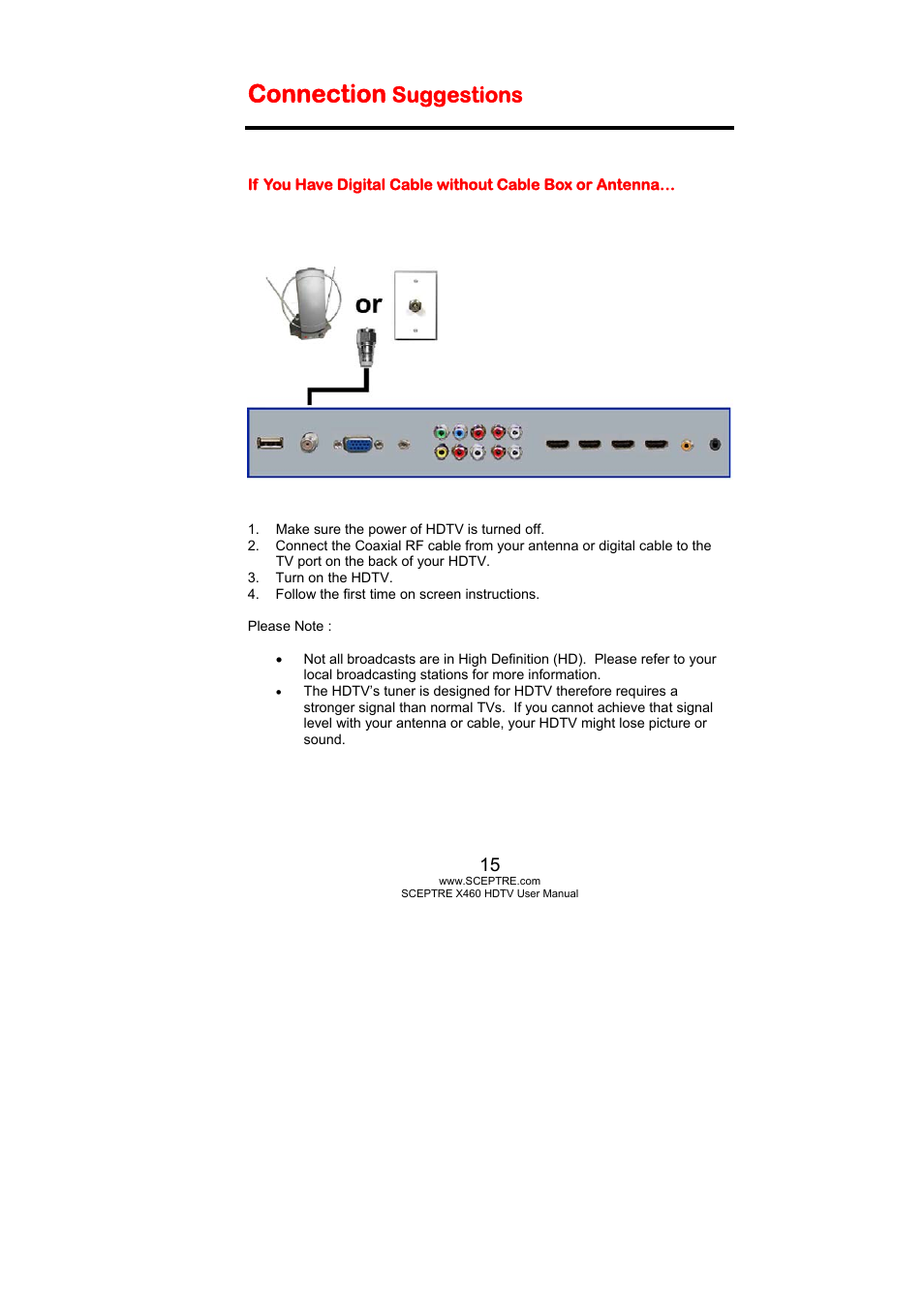 Connection, Suggestions | Sceptre X460BV-FHD User Manual | Page 15 / 53