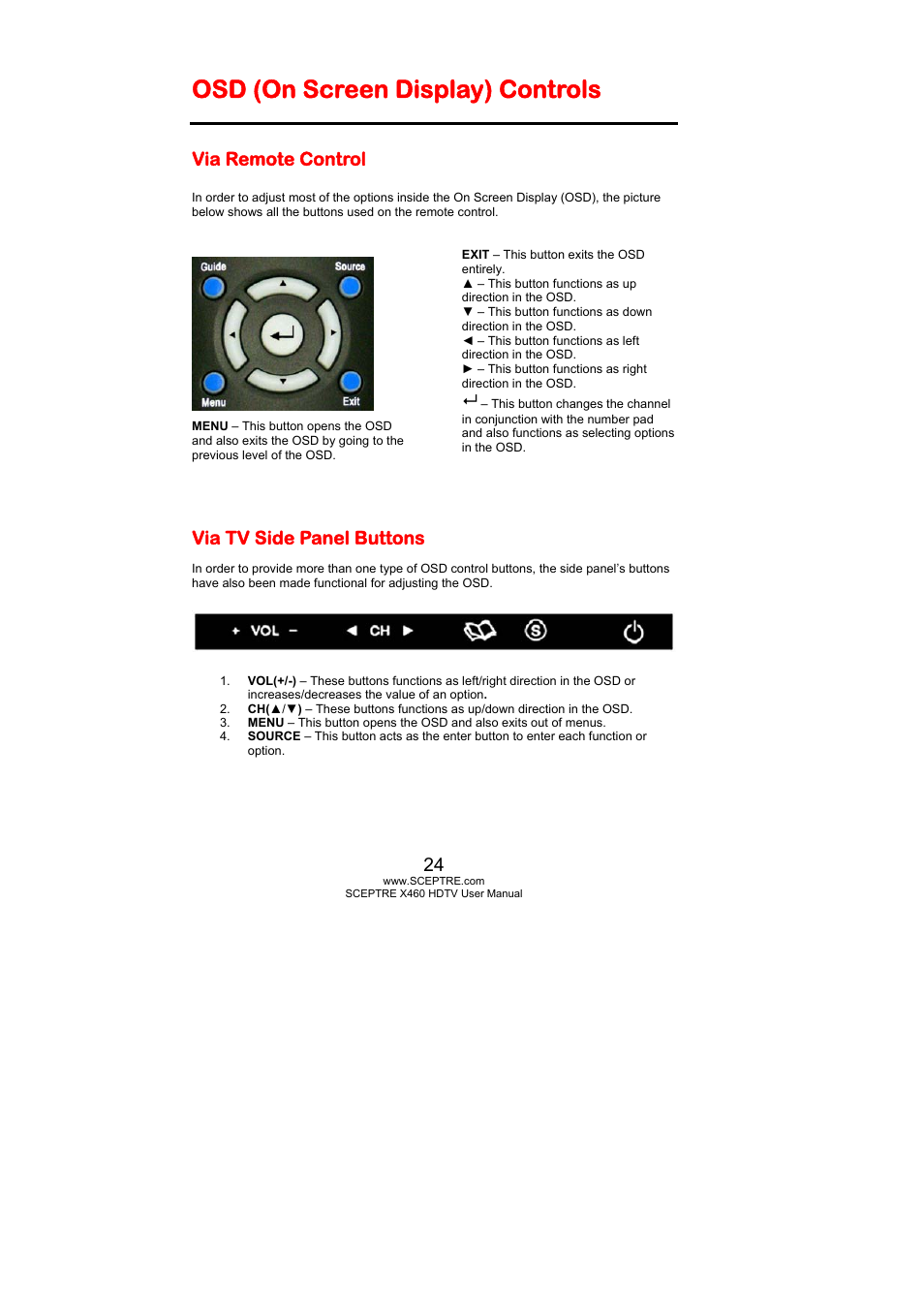 Osd (on screen display) controls, Via remote control, Via tv side panel buttons | Sceptre X460BV-FHD User Manual | Page 24 / 53