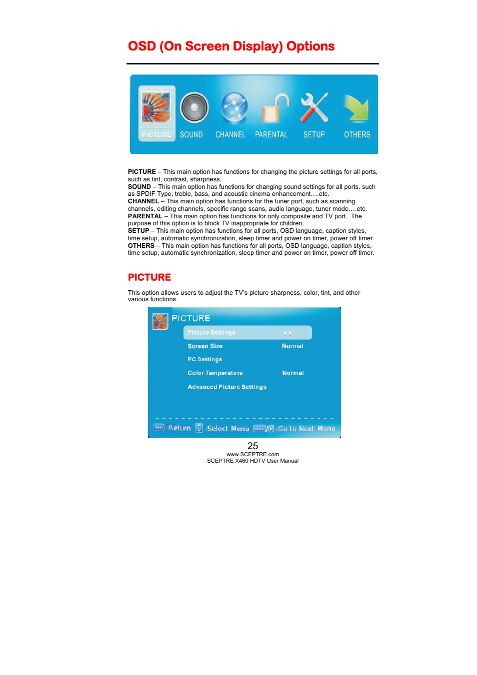 Osd (on screen display) options, Picture | Sceptre X460BV-FHD User Manual | Page 25 / 53