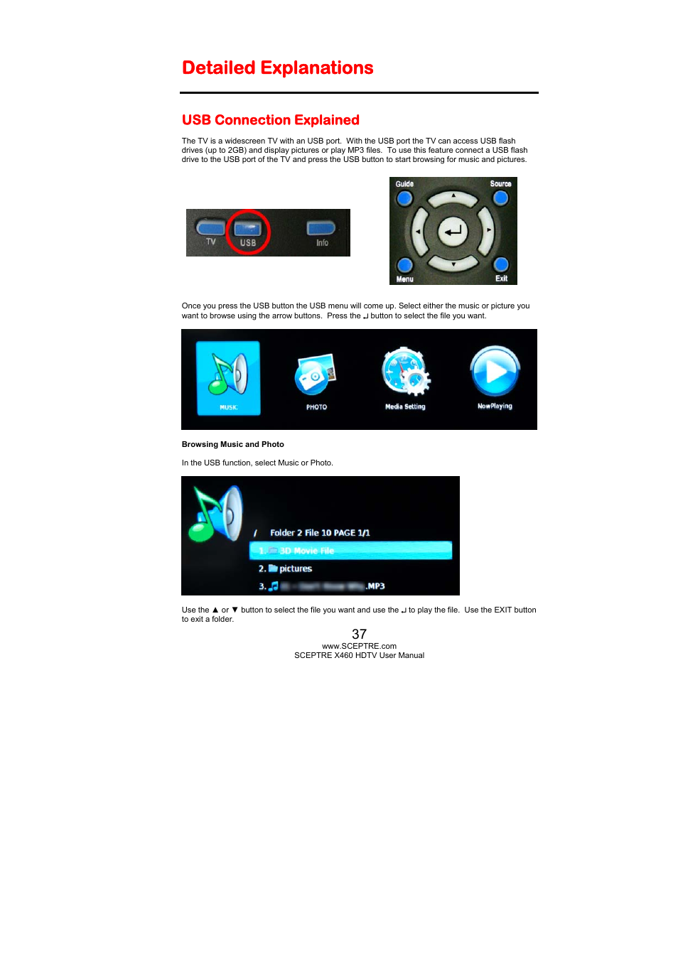 Detailed explanations, Usb connection explained | Sceptre X460BV-FHD User Manual | Page 37 / 53