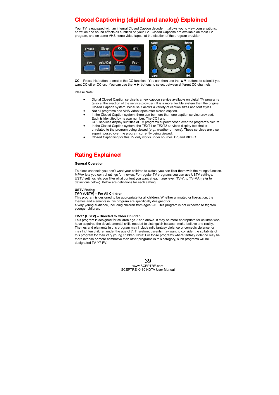 Closed captioning (digital and analog) explained, Rating explained | Sceptre X460BV-FHD User Manual | Page 39 / 53