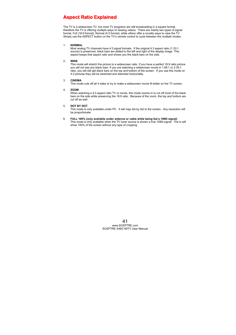 Aspect ratio explained | Sceptre X460BV-FHD User Manual | Page 41 / 53