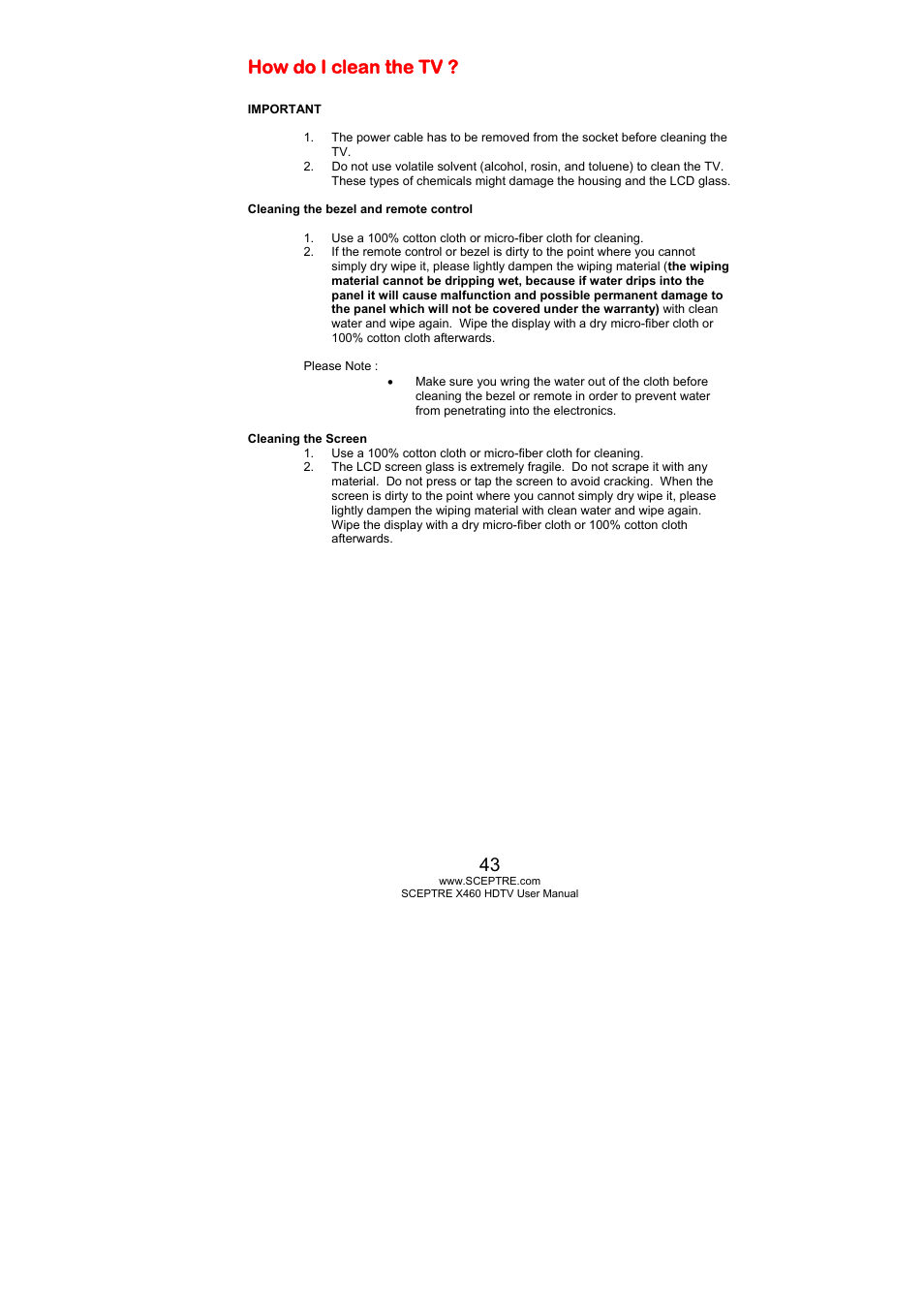 How do i clean the tv | Sceptre X460BV-FHD User Manual | Page 43 / 53