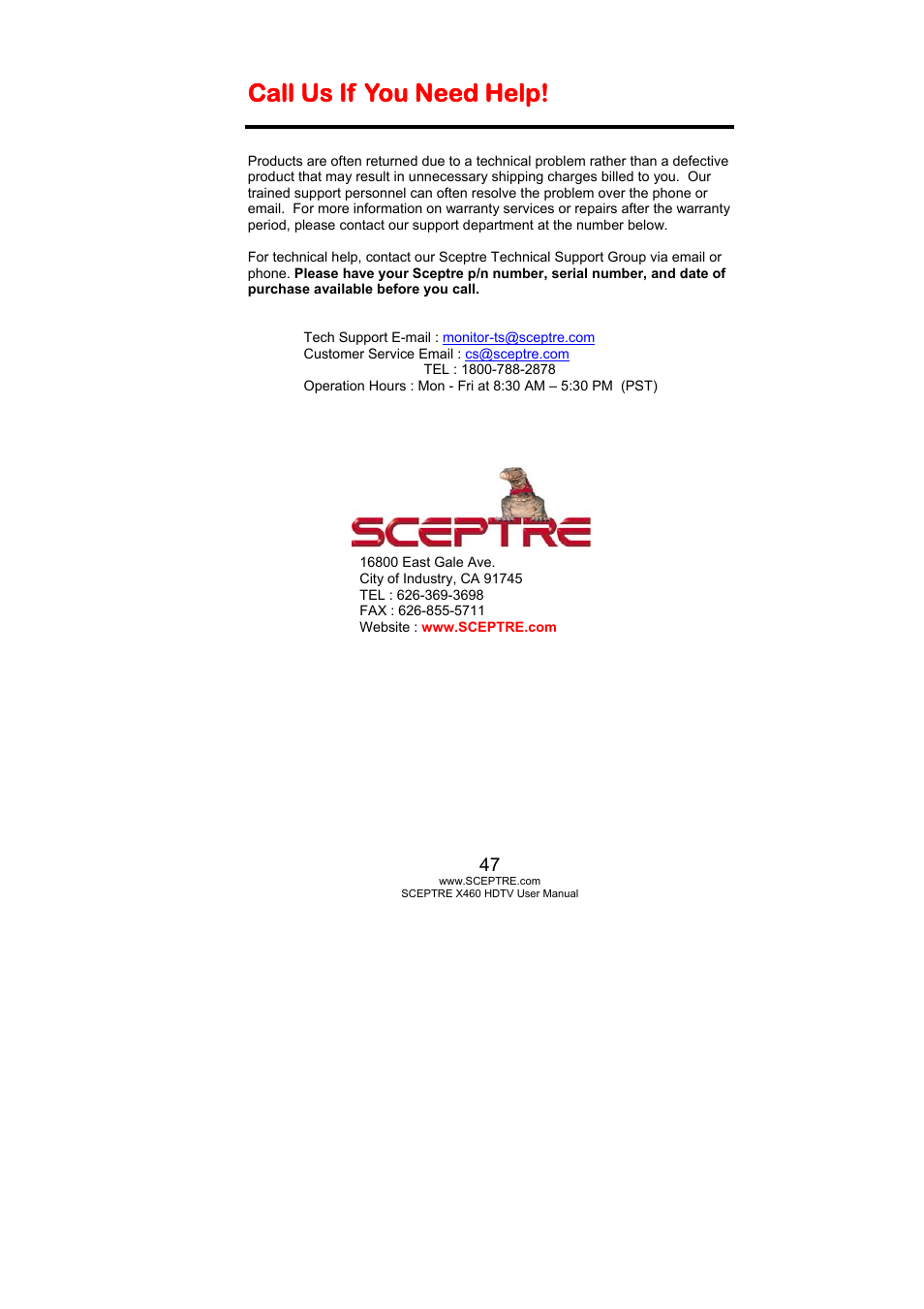 Call us if you need help | Sceptre X460BV-FHD User Manual | Page 47 / 53