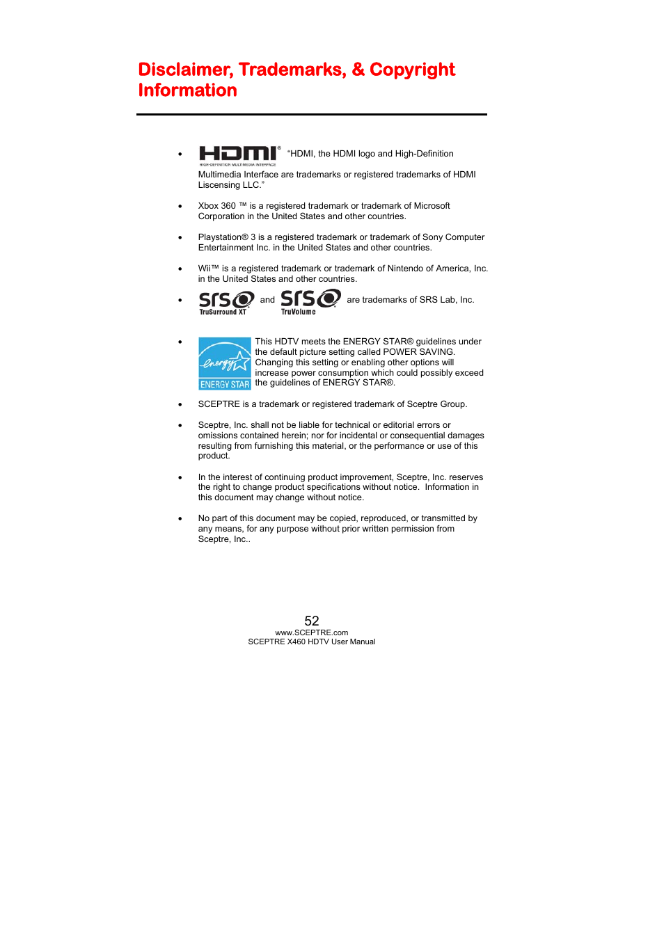 Disclaimer, trademarks, & copyright information | Sceptre X460BV-FHD User Manual | Page 52 / 53