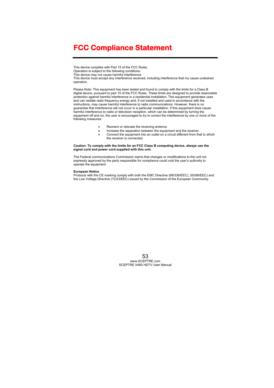 Fcc compliance statement | Sceptre X460BV-FHD User Manual | Page 53 / 53