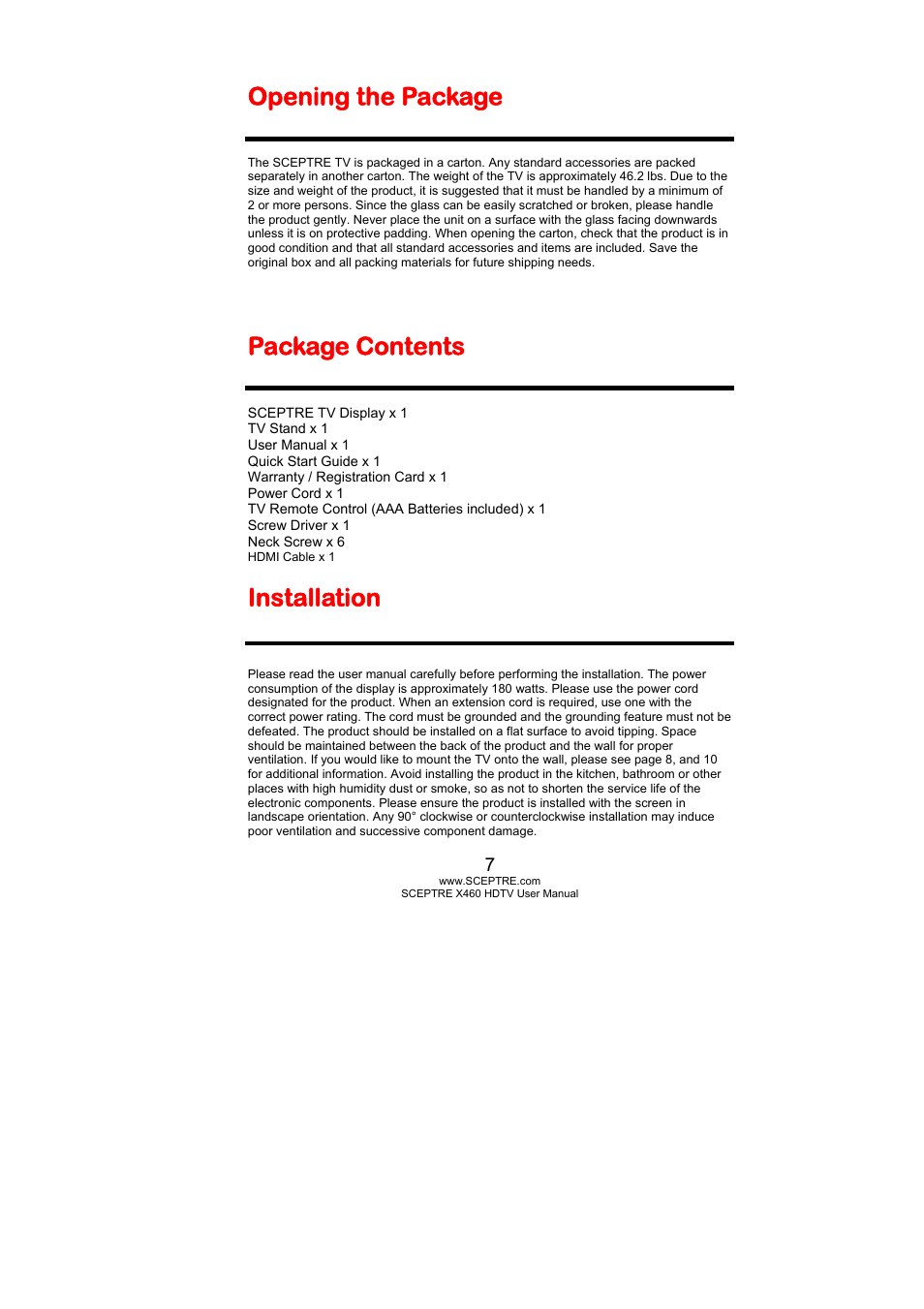 Opening the package, Package contents, Installation | Sceptre X460BV-FHD User Manual | Page 7 / 53