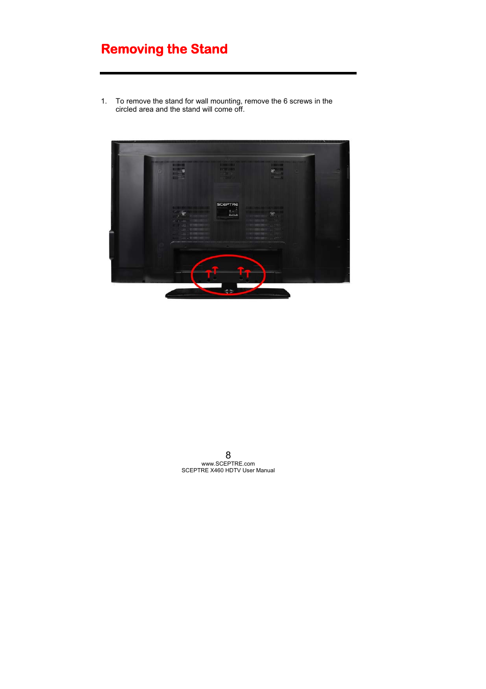 Removing the stand | Sceptre X460BV-FHD User Manual | Page 8 / 53