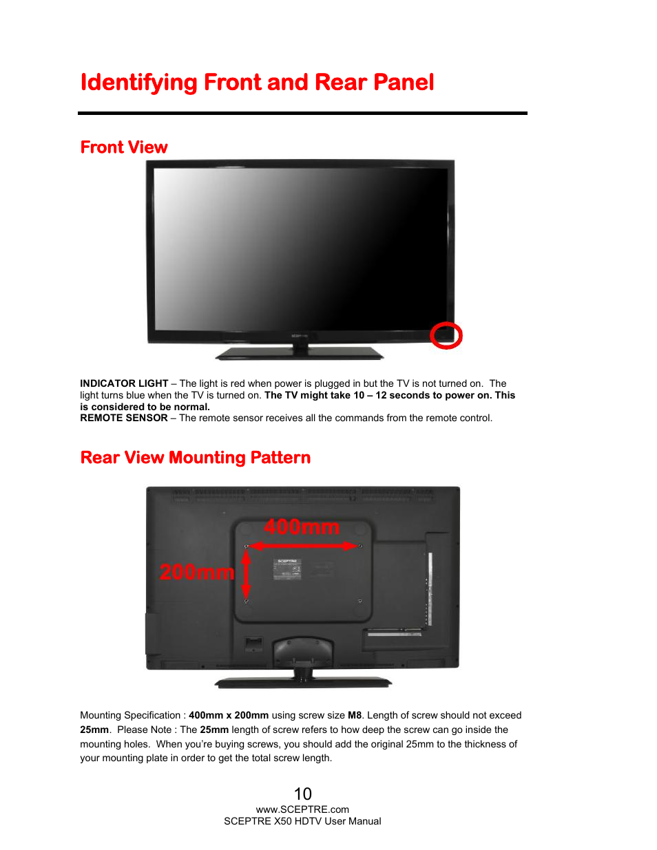 Identifying front and rear panel, Front view, Rear view mounting pattern | Sceptre X505BV-FHDU User Manual | Page 10 / 54